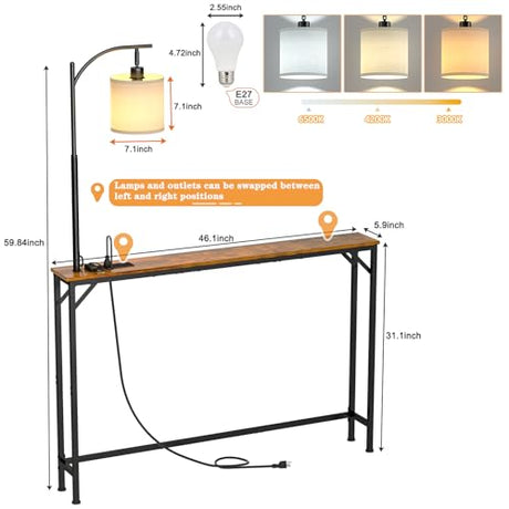keomaisyto Skinny Console Table with Outlet, Narrow Sofa Table with 3-Color Light, Behind Couch Table with 3 Color Temperatures Led Bulb for Living Room, Bedroom, Entryway, Hallway keomaisyto