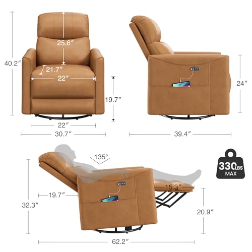 Welzona Power Swivel Rocker Recliner, 360° Swivel Nursery Rocking Chair, PU Leather Glider Rocking Recliner, Infinite Position Electric Chair for Adults with USB Port for Living Room, Brown
