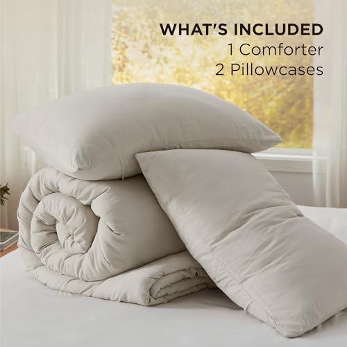 Bedsure Queen Comforter Set, Beige Soft Prewashed Bedding for All Seasons, 3 Pieces GentleSoft™ Bed Set, 1 Lightweight Comforter (90"x90") and 2 Pillowcases (20"x26") Bedsure