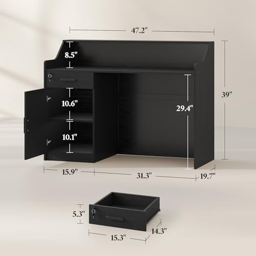Reception Desk with Counter, Front Desk with Storage Cabinet and Drawer, 47 inch Modern Retail Counter with Cable Grommet for Checkout, Barber, Beauty Salon, Home Office