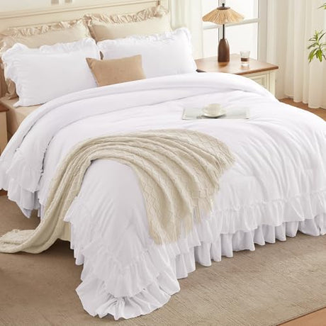 Andency White Ruffle Comforter Full Set, 3pcs Vintage Farmhouse Shabby Chic Bedding Comforter Set, Soft Lightweight Fluffy Bed Comforter Sets All Season Bedding Set Andency