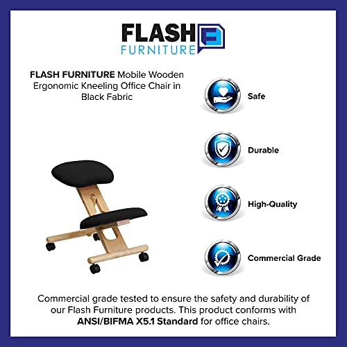 Flash Furniture Posey Mobile Wooden Kneeling Office Chair for Improved Posture, Height-Adjustable Ergonomic Office Kneeling Chair, Natural/Black Flash Furniture