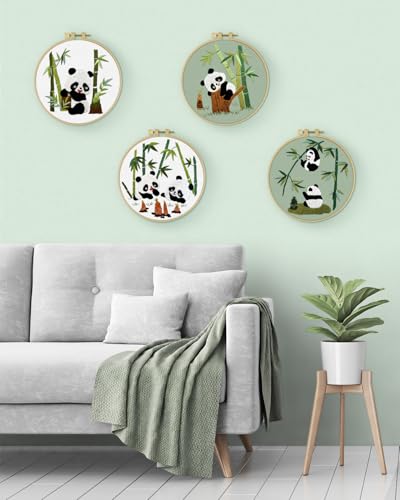 ERKOON 4 Sets Embroidery Kit for Beginners, Animal Cross Stitch Set for Adult Include Embroidery Cloth Hoops Threads for Craft Lover Hand Stitch (Panda) ERKOON