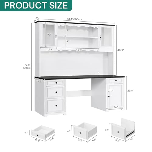 DWVO Executive Desk with Hutch and Power Outlets, Computer Desk with Drawers & LED Lights, Farmhouse Home Office Desks with Storage Shelves, White & Black DWVO