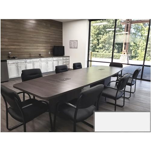 Gray Laminate Finish 12ft Conference Table Wood Boat Shaped Square Storage Cube Legs Doors Grommets Desk Base Meeting Room Racetrack Furniture Office Business Modern New 142''L x 47-32''W x 29''H WoodArtSupply