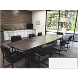 New 12ft Conference Table Wood Gray Laminate Finish Boat Shaped Square Storage Cube Legs Doors Grommets Desk Base Meeting Room Racetrack Furniture Office Business Modern 142''L x 47-32''W x 29''H WoodArtSupply
