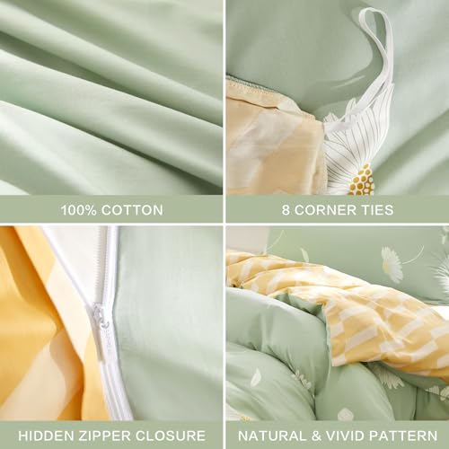 SAPHREAS Floral Daisy Duvet Cover Set Full Size 3pcs Sage Green White Flower Bedding Comforter Cover Set 100% Cotton 1 Duvet Cover 90"x80" 2 Pillow Shams, Comforter Not Included SAPHREAS