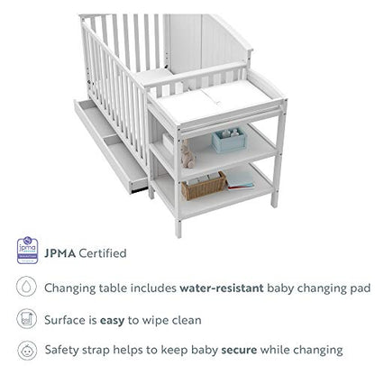 Storkcraft Steveston 5-in-1 Convertible Crib and Changer with Drawer (White) – GREENGUARD Gold Certified, Crib and Changing Table Combo with Drawer, Converts to Toddler Bed, Daybed and Full-S - WoodArtSupply