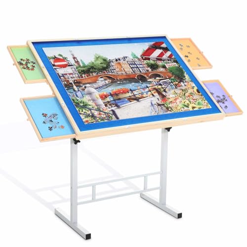 BittPicc Puzzle Table for Adults with Drawers 1500 Piece Jigsaw Puzzle Table with Legs Adjustable Tilting Puzzle Board Table with Cover 35"x 26" Wooden Puzzle Easel Birthday Gift for Mom - WoodArtSupply