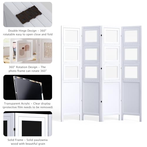 4 Panel Photo Room Divider Freestanding Folding Privacy Screen and Decorative with 16 Frames for Home Office (White) Svimi