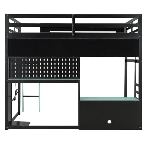 Harper & Bright Designs Full Size Wood Gaming Loft Bed with Desk and Storage Shelves, Modern Low Loft Bed Frame with LED Lights, USB Ports and Pegboard for Kids Teens Adults, Black+Blue Harper & Bright Designs