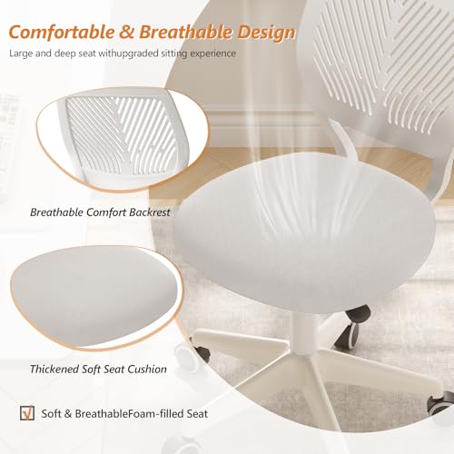SJZNOI Armless Desk Chair Swivel Office Rolling Chair with Soft Padded Cushion, Height Adjustable Small Task Chair, Ergonomic Study Computer Chair for Kids Girls Boys Teens (White, 1PC) SJZNOI