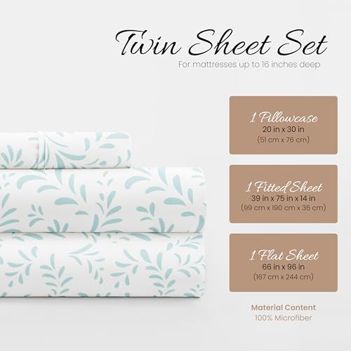 Linen Market Double-Brushed Patterned Microfiber Twin Sheet Set 3 Piece – Oeko-TEX Certified Ultra Soft & Wrinkle-Free - 16" Deep Pocket Sheets - Easy Care Twin Size - Burst of Vines Light Blue Linen Market