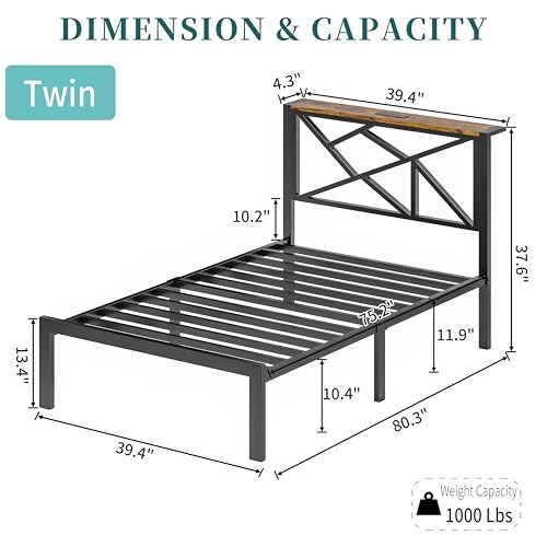 ChicZhiNest Twin Size Black Metal Bed Frame with USB Charging Station, LED Ambient Lighting, and Wooden Storage Headboard - Includes Under-Bed Storage, No Box Spring Needed, Noise Free, Easy Assembly ChicZhiNest