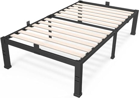ROIL 18 inch Twin Size Bed Frames with Wide Wood Slats - 3500lbs Heavy Duty No Box Spring Needed Platform, Mattress Stoppers Single Metal Noise Free, Headboard Hole Underneath Storage ROIL
