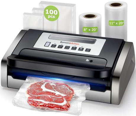 Bonsenkitchen Vacuum Sealer Machine, Powerful Low-Noise Food Vacuum Sealer for High-Speed Continuous Working, Handle Locked Design, Built-in Cutter, 2 Bag Rolls + 100 PCS Vacuum Bags Bonsenkitchen