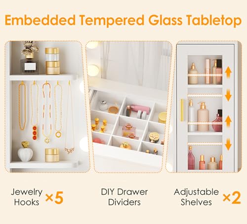 ANWBROAD 49.2" Large Vanity Desk with Mirror and Lights White Makeup Vanity Desk with Glass Top and Power Outlet 8 Drawers Nightstand 5 Hooks Vanity Table with Stool for Bedroom Women Girls UBDT88W ANWBROAD