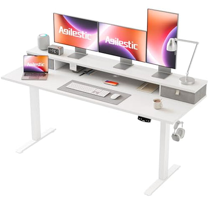 Agilestic 63 x 24 Inches Electric Standing Desk with 2 Storage Drawers, Stand Up Desk Adjustable Height, Sit and Stand Computer Table with Splice Board, White - WoodArtSupply