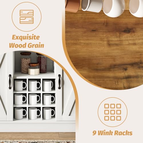 4ever2buy Farmhouse Coffee Bar Cabinet with 6 Hooks, 47'' Kitchen Coffee Bar with Hutch and 9 Wink Racks, White Coffee Bar Table with Sliding Barn Door for Dining Living Room 4ever2buy
