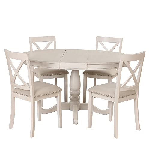 Extendable Dining Table Set for 4, 5 Piece Kitchen Table and Chairs Set, 4 X-Back Solid Wood Dining ChairSet, Industrial Oval Round Dining Table for Small Space, Apartment, French Country White SCANORDIC