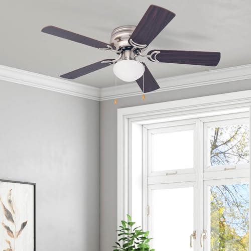 Prominence Home Alvina Traditional 42 Inch Ceiling Fan with Light, LED Flush Mount Ceiling Fan, Indoor Fan with 5 Blades, Walnut Brown and Maple Brown Blade Finish Options, Satin Nickel (80029-01) Prominence Home