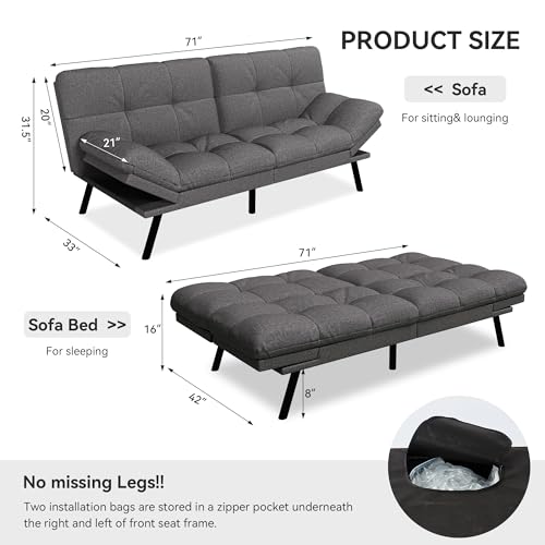 Vipbear Convertible Futon Sofa Bed,Grey Linen Futon Couch with Detachable Cushion,Adjustable Backrest & Armrest,Modern Small Recliner Loveseat Sleeper Couch for Living Room,Office,Apartment Vipbear