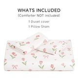 Erwinmu Floral Duvet Cover Set Twin Size,Pink Tulip Bow Ties Reversible Bedding Set with Heart Pattern for Girls Kids,Romantic Microfiber Comforter Cover 2Pcs with Zipper Closure and 1 Pillowcase Erwinmu
