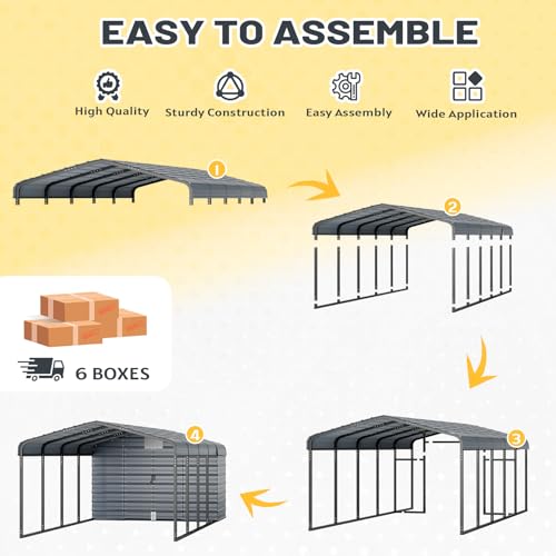 EROMMY 12x25 FT Carport Storage Shed 2-in-1, Heavy Duty Car Port with Galvanized Metal Frame, Base-Reinforced Enclosed Storage Shelter, Extended Coverage for Trucks, Cars & All Vehicles, Gray EROMMY