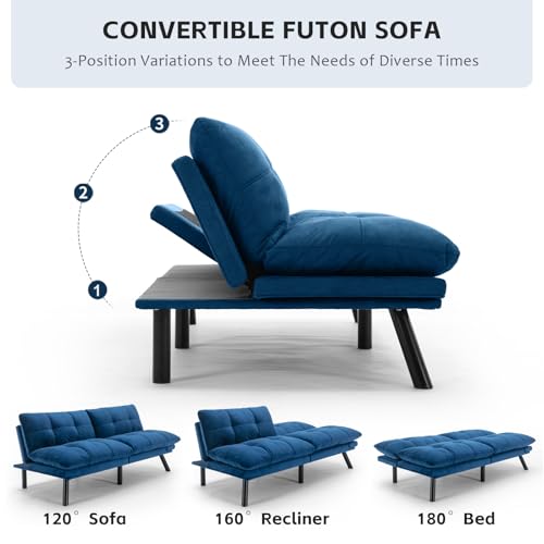 SoarFlash 67 Inch Futon Double Sofa Bed, 2 in 1 Velvet Loveseat Sofa with Adjustable Backrest for Living Room Bedroom Office Apartment Compact Couch(Blue) SoarFlash