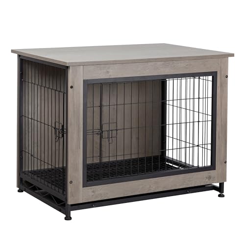 Shintenchi Wooden Dog Crate Furniture, Double-Doors Kennel Indoor with Removable Tray, End Table Dog Crate for Decoration, 32" L*22" W*25" H, Grey - WoodArtSupply