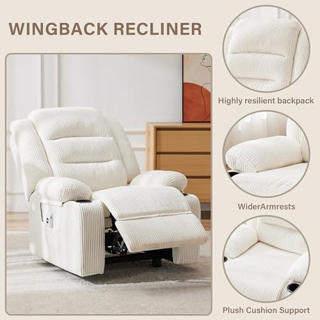 Hicosit Power Pushback Recliner with Cup Holders, Electric Recliner Chair for Adults, Reclining Chair with Side Pocket for Living Room (1, Stripe White) Hicosit