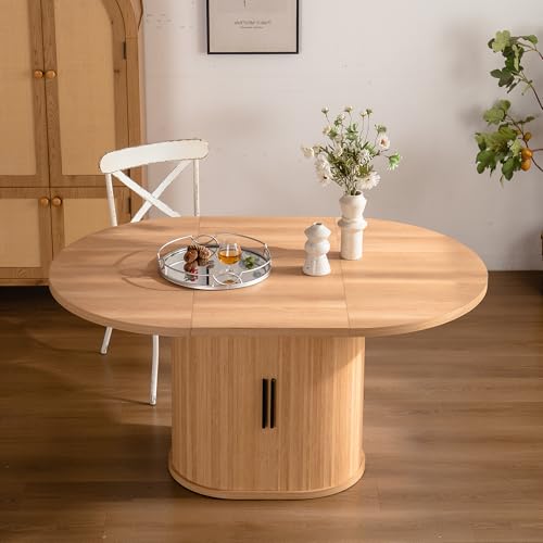 HAIZAO Large Retro Dining Table Set for 4, Modern Oval Kitchen Table Set with 4 Upholstered Chairs, Solid MDF Table with 2-Layer Storage Shelf and Wood Slide Door, Luxury Beige Chenille Chairs HAIZAO