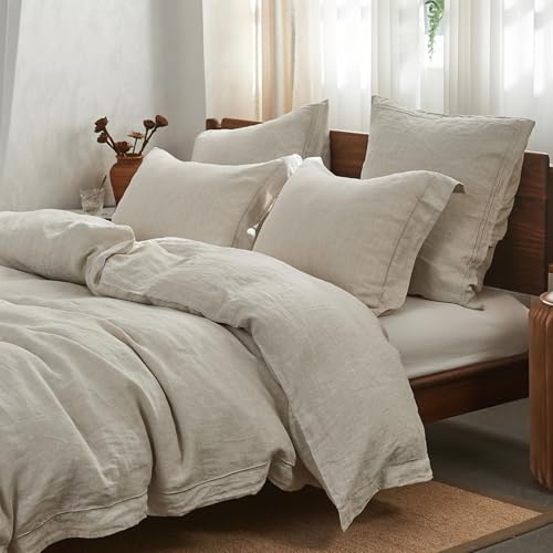 Simple&Opulence 100% Washed Linen Duvet Cover Set with Embroidered,3 Pieces Soft Farmhouse Comforter Set with Button Closure,1 Duvet Cover and 2 Pillowshams(King,Natural Linen) Simple&Opulence