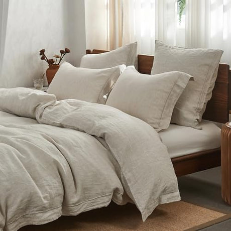 Simple&Opulence 100% Washed Linen Duvet Cover Set with Embroidered,3 Pieces Soft Farmhouse Comforter Set with Button Closure,1 Duvet Cover and 2 Pillowshams(King,Natural Linen) Simple&Opulence
