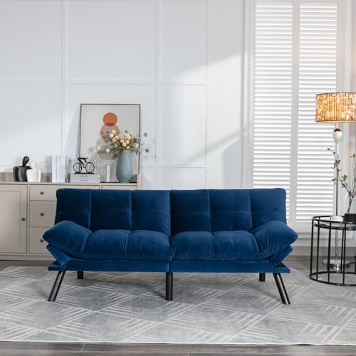 LLS 70.87" Velvet Futon Sofa Bed, Modern Convertible Sleeper Sofa Couch with Adjustable Backrest and Armrests, Tufted Loveseat Sofa with Metal Legs for Living Room, Bedroom, Apartment, Navy Blue LLS