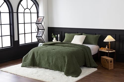 COTTEBED Reversible Chenille Cotton Queen Size Comforter Set, Luxury Textured Stripe Soft Modern Bedding 3 Piece Down Comforter and Sham Set, Lightweight All Season(Dark Olive Green,Full/Queen) COTTEBED