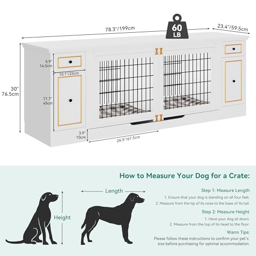 YITAHOME Double Dog Kennel Furniture with Tray, 79" Dog Crate Table with Storage for 2 Small/Medium Dogs, Indoor Wooden Dog House TV Stand, White - WoodArtSupply