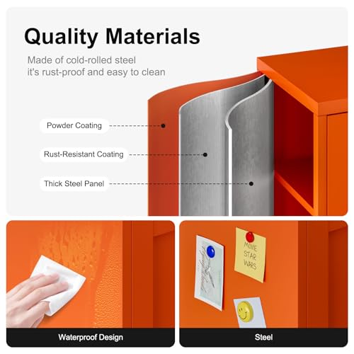 Bevivog Small Bathroom Storage Cabinet, Orange Metal Locker with 2 Doors and 2 Adjustable Shelves, Small Locker Cabinet Sideboard for Home Office, Living Room, Hallway, Entryway Bevivog