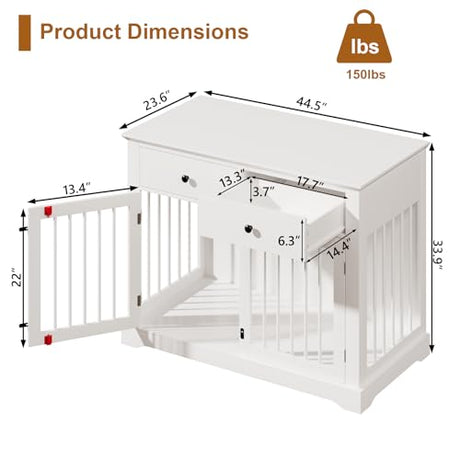PUKAMI 44inch Large Dog Crate Furniture with Drawers, Wooden Dog Kennel Furniture for Indoor use, White End Table Dog House, for Small/Medium/Large Dog PUKAMI