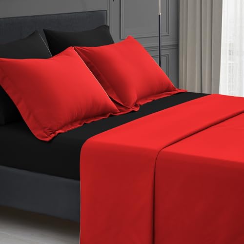 Maple&Stone Queen Size Comforter Set 7 Pieces Bed in a Bag - Down Alternative Bed Set with Sheets, Pillowcases & Shams, Soft Reversible Duvet Insert for Queen Bed, Black and Red Maple&Stone
