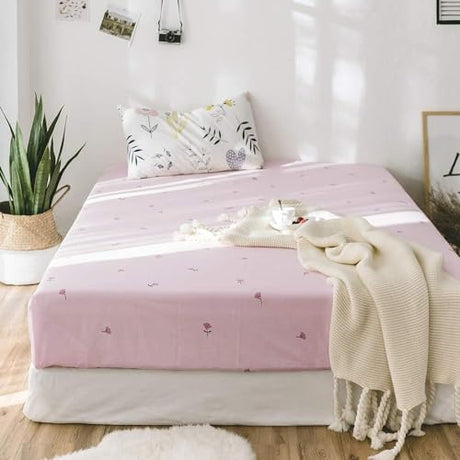 Pink Floral Fitted Sheet Cotton Flower Print Bedding Sheet Queen Cooling Soft Kids Girls Fitted Sheet Deep Pocket Single Bed Sheet Lightweight Cotton Floral Bedding Mattress Cover (NO Pillowcases) LifeTB