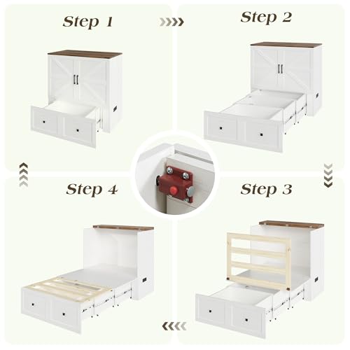 LUXOAK Twin Murphy Bed with Built-in Charging Station and Storage Drawer, Farmhouse Foldable Cabinet Bed for Guest Room, Apartment or Home Office, White LUXOAK