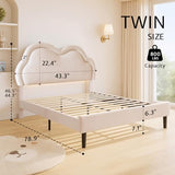 Jocisland Twin Bed Frame for Girls with Adjustable Cloud Headboard, Velvet Upholstered & RGB Lights, 7.1" Underbed Storage, No Box Spring Needed, Cream Jocisland