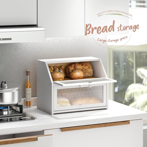 STDDRE Bread Box for Kitchen Countertop Bin Double Layer Bread Box Storage Container Extra Large Capacity Farmhouse Bread Box with Diamond Pattern Windows(Bamboo White)