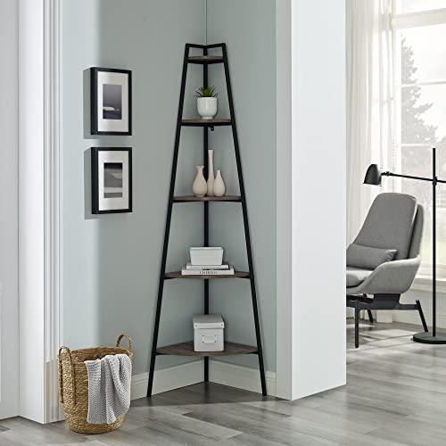 Freya Modern Industrial 5-Shelf Corner Bookcase in Grey Wash by Walker Edison - WoodArtSupply