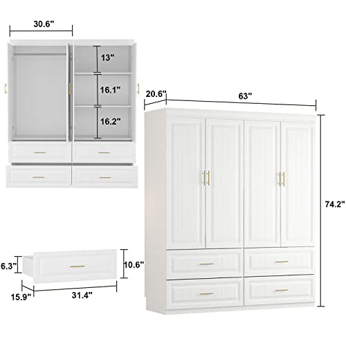 AIEGLE 4 Doors Wardrobe Armoire with 4 Drawers, 63" Wide Large Freestanding Armoire Wardrobe Closet with Shelves & Hanging Rod, Bedroom Clothes Storage Cabinet Organizer Set, White - WoodArtSupply