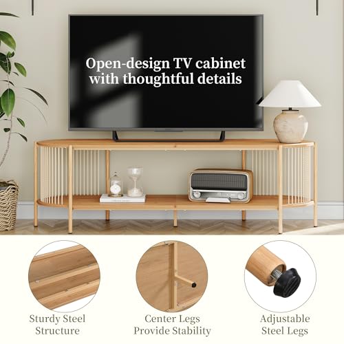 Yechen Boho Natural Hand-woven Rope TV Stand for Up to 65" TV, Mid-Century Modern TV Console, Wooden Oval Entertainment Center for Living Room, Media Console with Storage Shelf and Sturdy Ste - WoodArtSupply