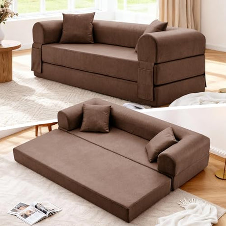 GJQ Convertible Sleeper Sofa Bed,78.5 Inch Faux Leather Futon Couch with Pillows & Storage Pocket,5-in-1 Folding Sofa Bed Queen with Pull Out Beds,Boneless Couches for Living Room,Couch in a Box,Brown GJQ