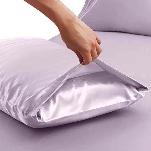 Ersmak 4 Pieces Satin Sheets Set Twin Size, Luxury Silky Lavender Satin Bed Sheets Set with 1 Deep Pocket Fitted Sheet, 1 Soft Flat Sheet, 1 Queen Pillowcases and 1 Body Pillowcase Ersmak