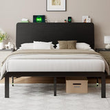 Feonase Full Size Bed Frame with Ergonomic Storage Headboard & Charging Station, LED Platform Bed Frame, Heavy Duty Metal Slats, No Box Spring Needed, Easy Assembly, Black Feonase